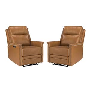 Valentino Transitional Camel Electric Genuine Leather Recliner with Nailhead Trims and Metal Base Set of 2