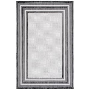 Courtyard Ivory/Black 9 ft. x 12 ft. Solid Striped Indoor/Outdoor Patio  Area Rug