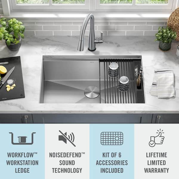 Delta - Rivet 32in Workstation Kitchen Sink Undermount 16 Gauge Stainless Steel Single Bowl with Workflow Ledge and Accessories