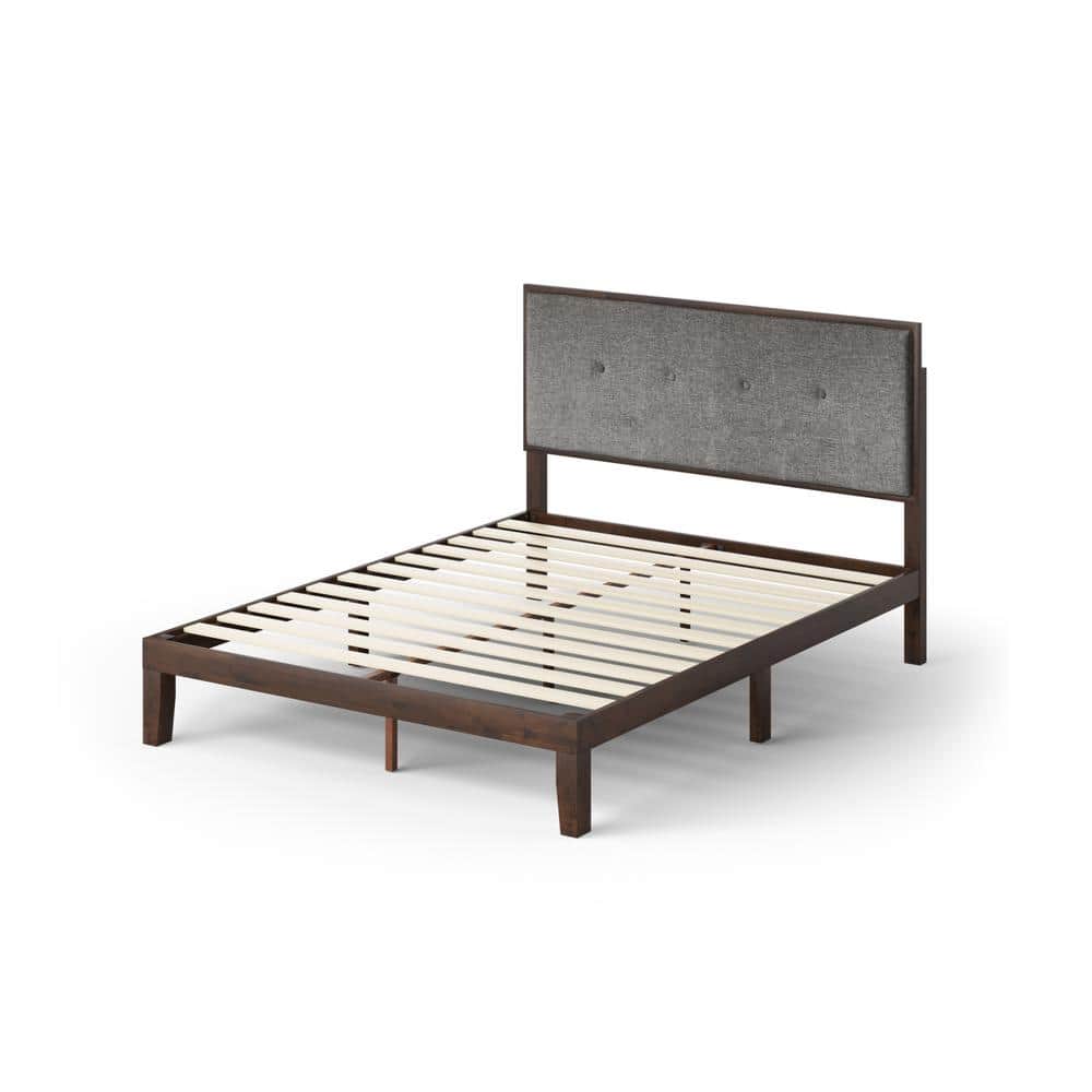 Moiz Queen Brown Wood Platform Bed Frame with Gray Upholstered Headboard