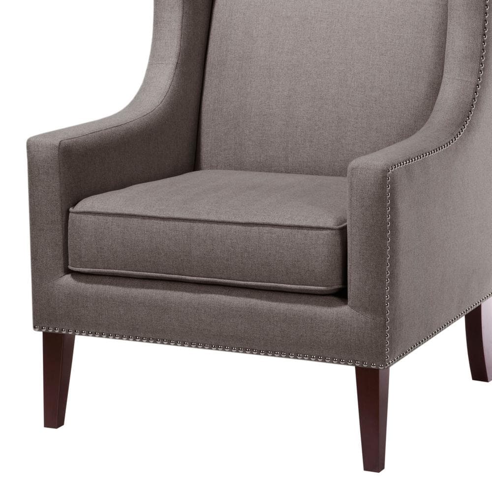 Dark Gray Wood Accent Chair with Herringbone Fabric