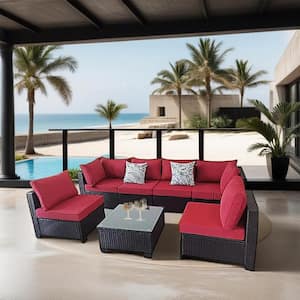 7-Piece Dark Brown Wicker Patio Conversation Set with Red Cushions, pillows