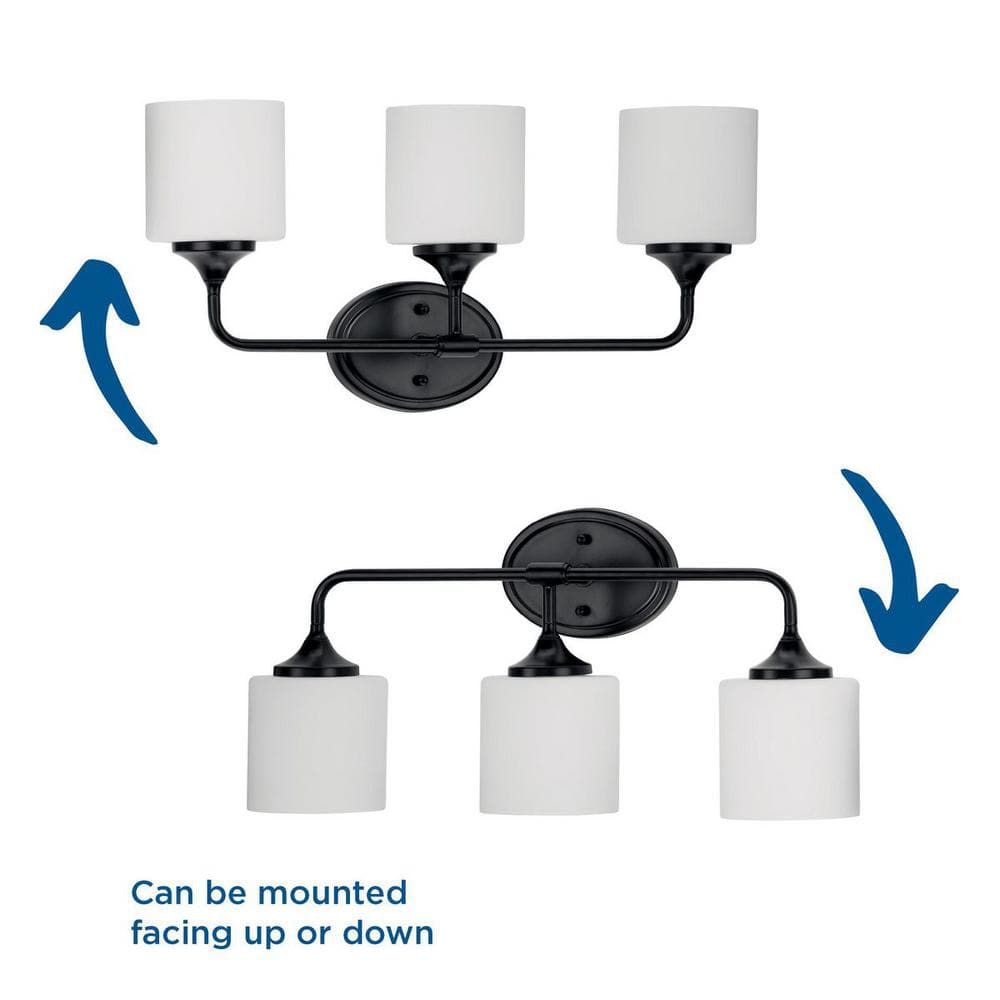 Matte Black 3-Light Bath Vanity with Etched White Glass Shades