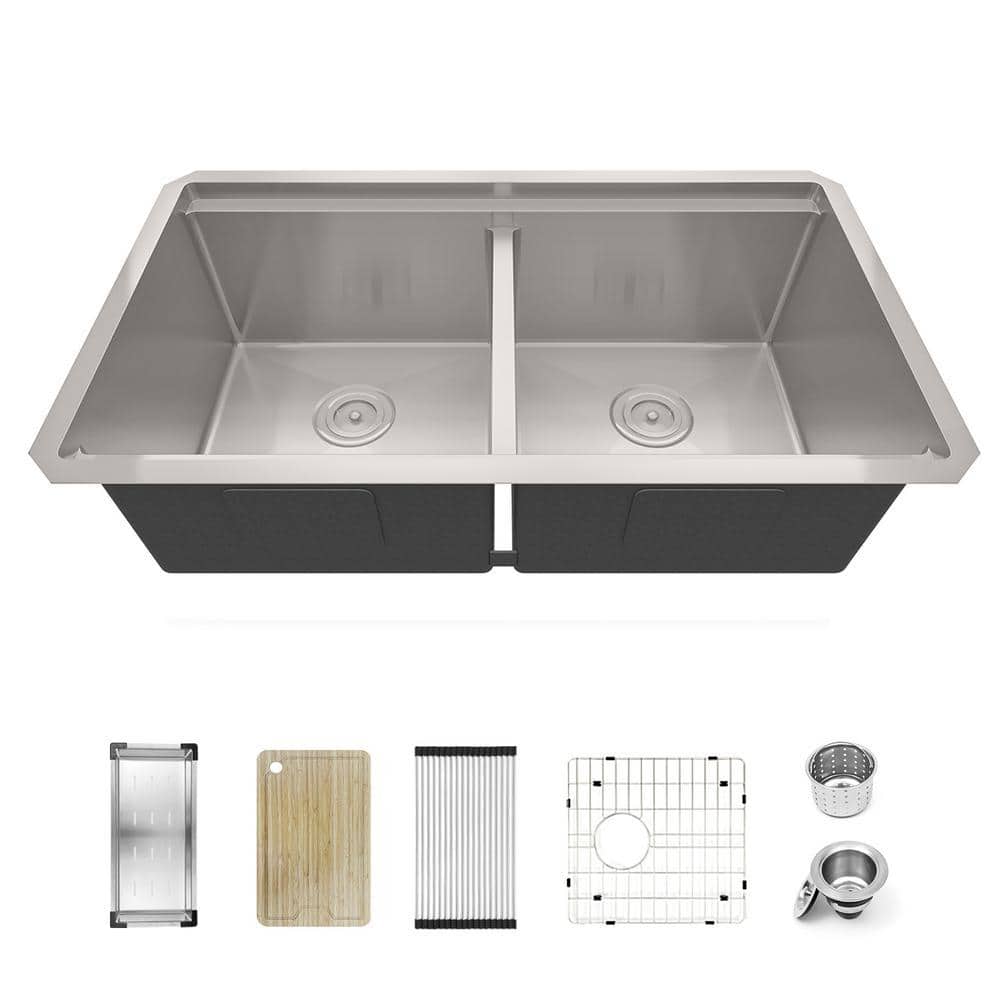 Sinber 304 Stainless Steel 16 Gauge 33 in. Double Bowl Undermount