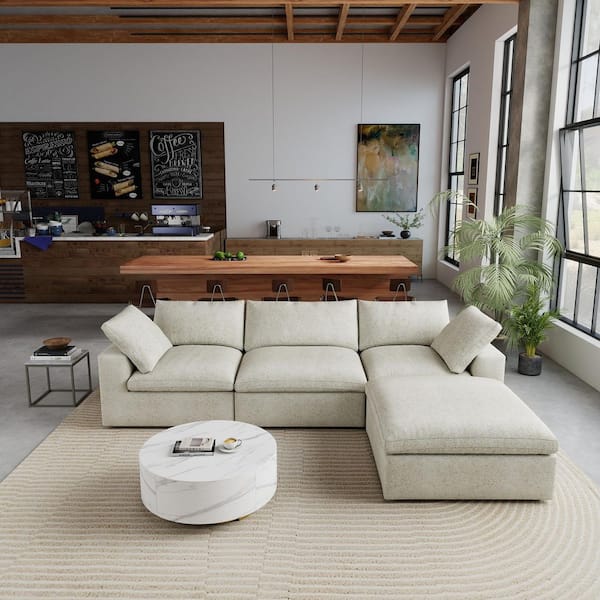 J&E Home 120.45 in. W Square Arm Linen L-Shaped 4-Pieces