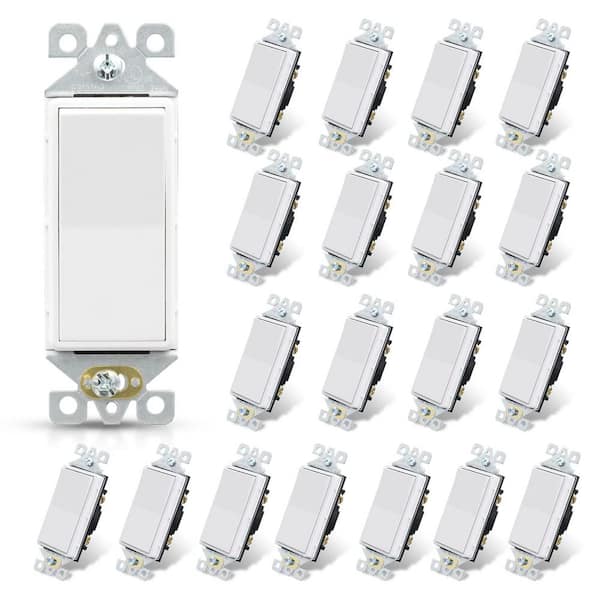 15 Amp Single Pole Paddle Rocker Decorator Light Switch, Self-Grounding, Glossy White (20-Pack)
