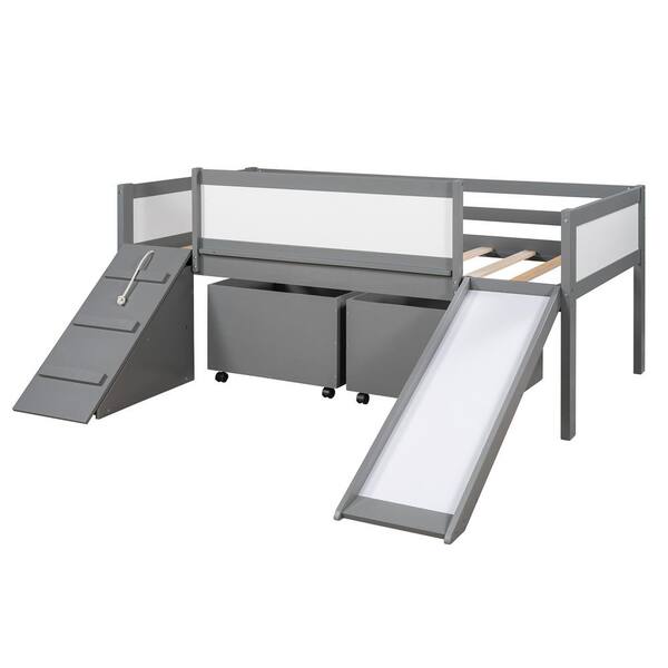 Angel Sar Gray Twin Size Low Loft Bed Wooden Bed with Slide and 2 Storage Boxes