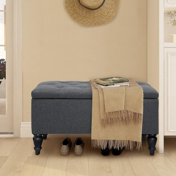 Maypex 29 in. Grey Linen Fabric Upholstered Flip Top Tufted Storage Bench