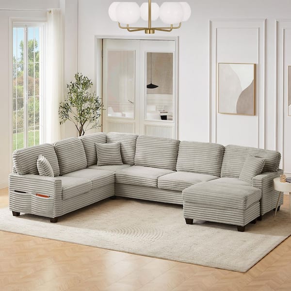 125.2 in. Square Arm Corduroy Upholstered L-shaped Sectional Sofa Sofa in Light Taupe with a Movable Ottoman