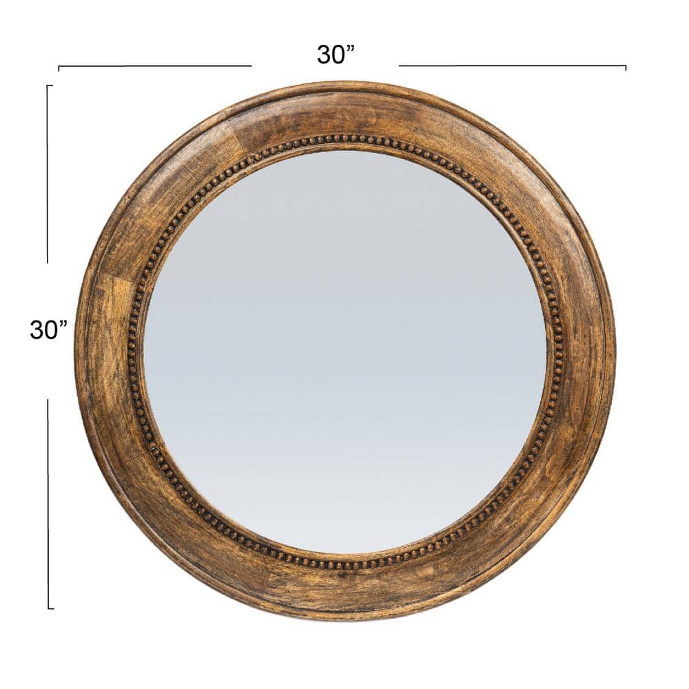 Walnut Round Carved Wood Framed Wall Mirror with Hobnail Detail