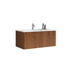 36 Striped Walnut Wall Mounted Floating Bathroom Vanity with White Ceramic Sink, Basin without Drain and Faucet