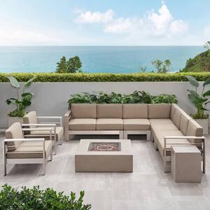 Cape Coral Silver 9-Piece Aluminum Patio Fire Pit Sectional Seating Set with Khaki Cushions