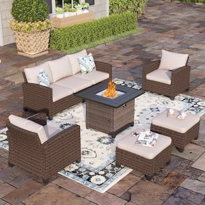 Brown Rattan Wicker 6-Piece Steel Outdoor Patio Conversation Set with Beige Cushions, Square Fire Pit Table