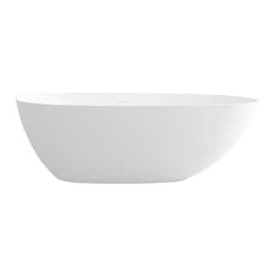 59 in. Stone Resin Flatbottom Solid Surface Freestanding Soaking Bathtub in White with Brass Drain