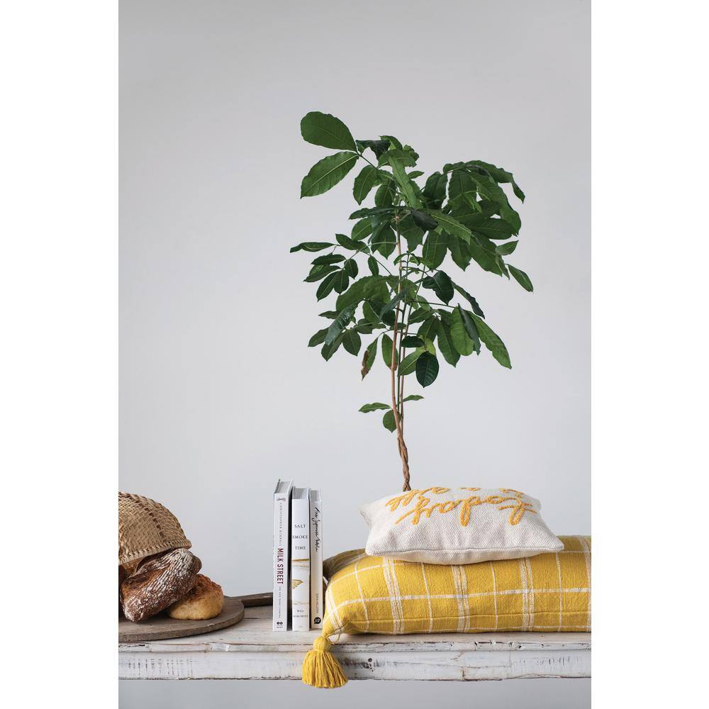 Cream and Mustard Embroidered Cotton Lumbar Pillow