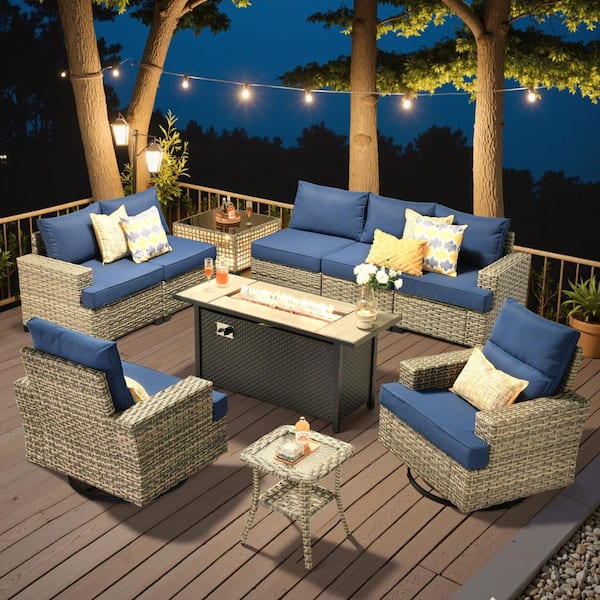 XIZZI Novique 10-Pieces Wicker Rectangular Fire Pit Sets and Swivel Rocking Chairs with Navy Blue Cushion