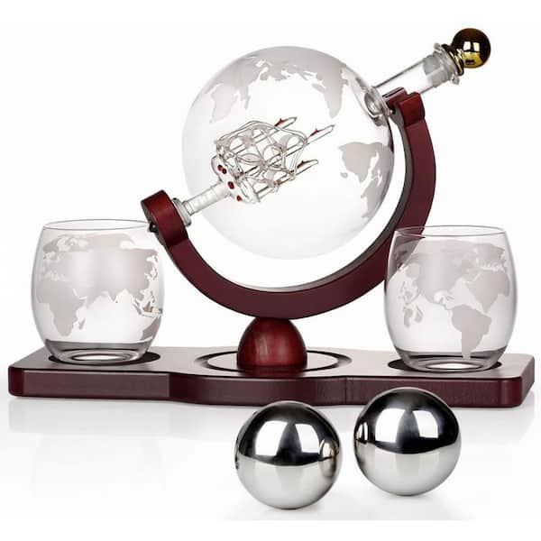Whiskey Decanter Globe Set with 2 Ball Stones and 2 Glasses,Anniversary Birthday Gifts for Him Husband Boyfriend Brother