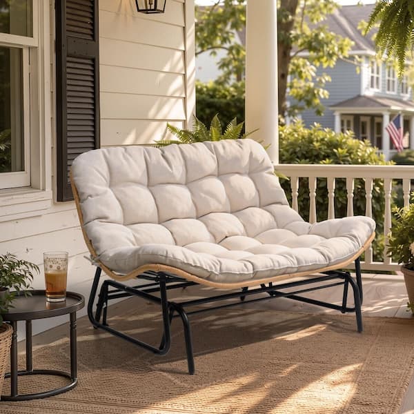 Oversized 2-Person Glider Rocking Chair Outdoor Loveseat with Beige Cushion and Brown Wicker Black Metal Frame