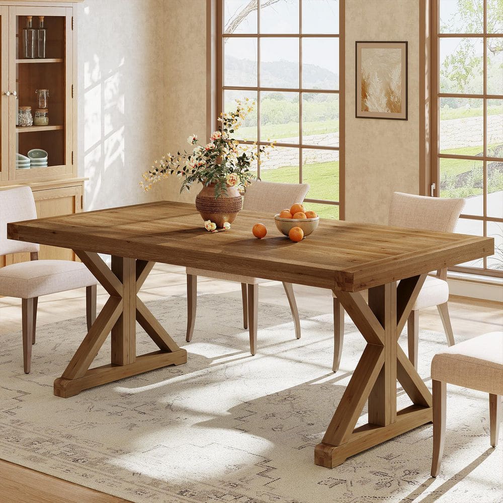 Rustic Brown Solid Wood 63 in. Rectangle Pedestal Base Dining Table Seats 4, Farmhouse Kitchen Table with Large Tabletop