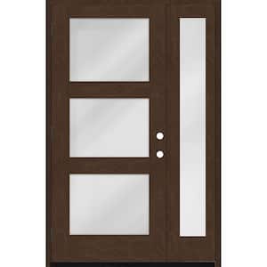 Regency 53 in. x 80 in. Modern 3-Lite Equal Clear Glass RHOS Hickory Mahogany Fiberglass Prehung Front Door 14 in. SL