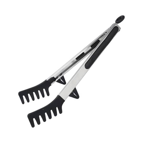 Black Pasta Fork and Spaghetti Tong Set Non-Stick Silicone with Stainless Steel Handle for Cooking and Serving