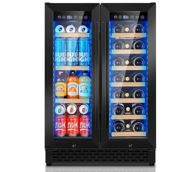 Black 24 in. Dual Zone Built-In/Freestanding 21-Wine Bottle and 58-Cans Beverage with RGB LED Lighting, Stainless Steel