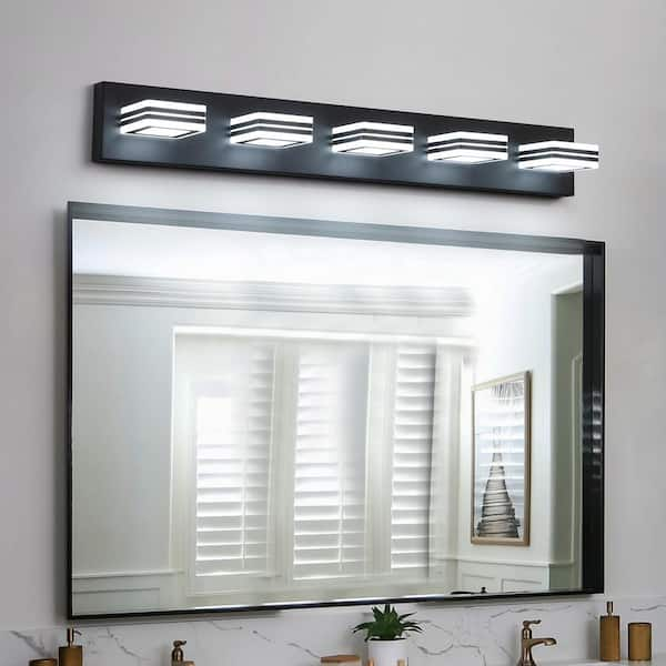 Runesay 37 in. Modern 5-Light Black Acrylic LED Mirror Vanity Light Fixture for Bathroom Over Mirror Bath Wall Lighting