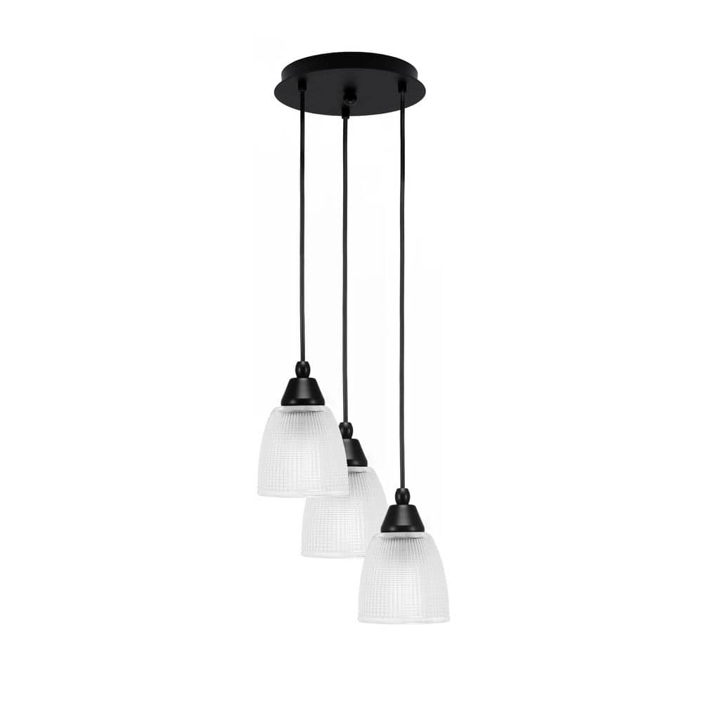 Savannah 8.75 in. 3-Light Matte Black Cord Pendant Light Clear Ribbed Glass