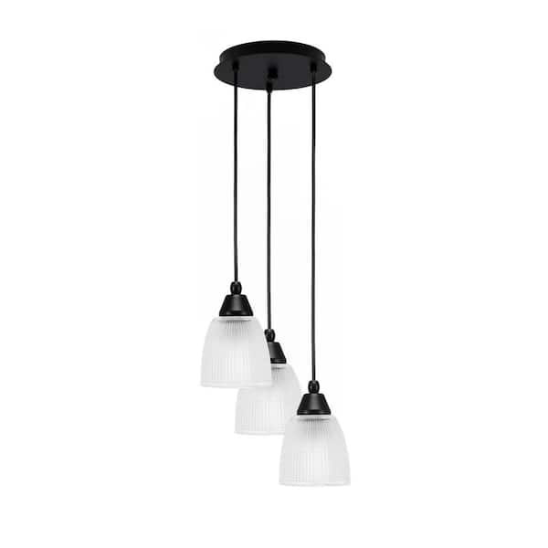 Unbranded Savannah 8.75 in. 3-Light Matte Black Cord Pendant Light Clear Ribbed Glass Shade
