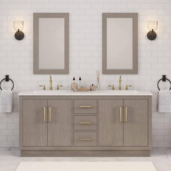Water Creation Hugo 72 in. W x 22 in. D Bath Vanity in Grey Oak with Marble Vanity Top in White with White Basin and Hook Faucet