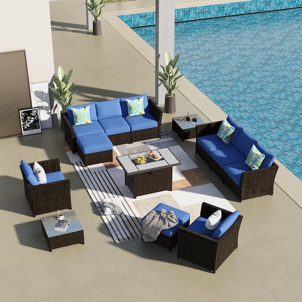 OVIOS Rimaru 12-Piece Wicker Outdoor Patio Fire Pit Conversation Seating Set with Navy Blue Cushions