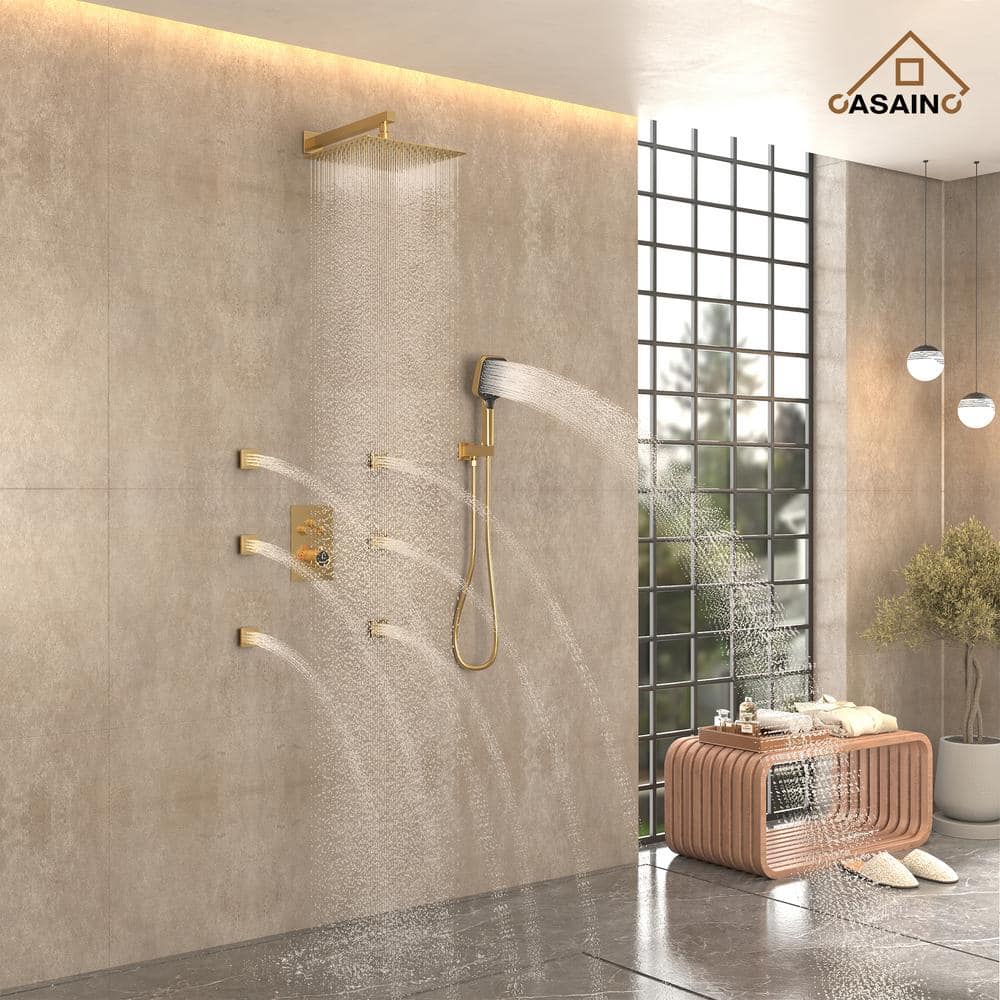 Brushed Gold 12-Inch Square Dual Shower System with Body Jets