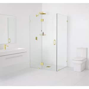 47.5 in. W x 34.5 in. D x 78 in. H Pivot Frameless Corner Shower Enclosure in Polished Brass Finish with Clear Glass