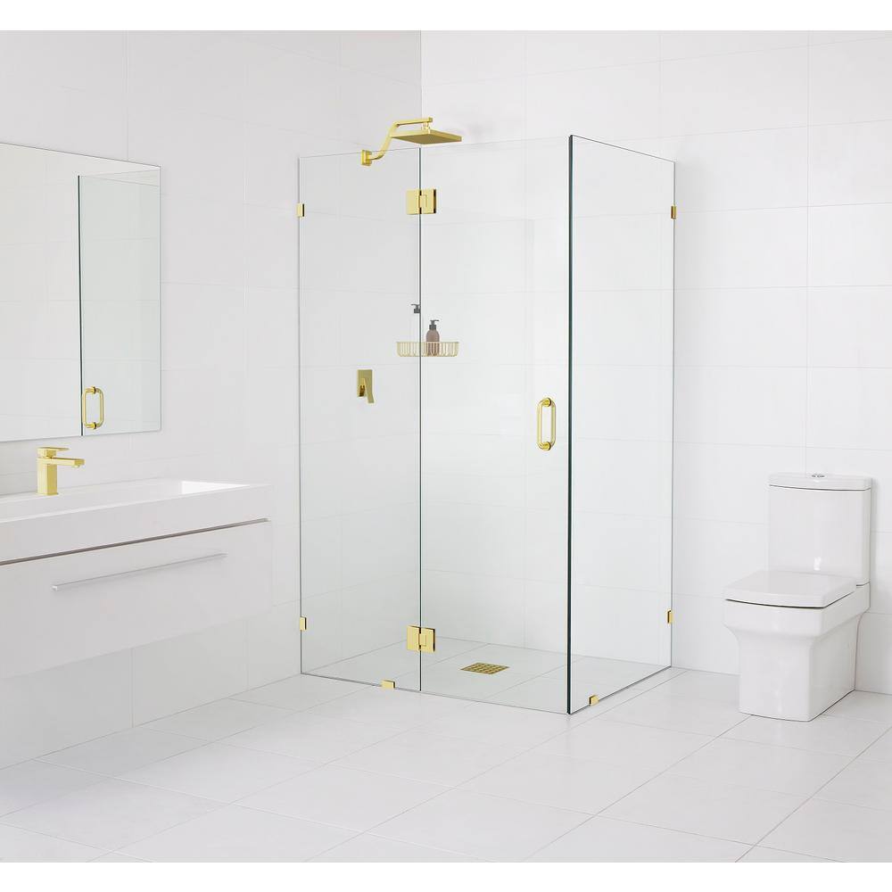 46 in. W x 34.5 in. D x 78 in. H Pivot Frameless Corner Shower Enclosure in Polished Brass Finish with Clear Glass price history on PriceWatchPro