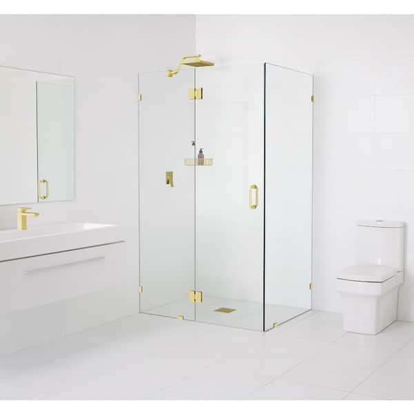 Glass Warehouse 48 in. W x 30 in. D x 78 in. H Pivot Frameless Corner Shower Enclosure in Polished Brass Finish with Clear Glass