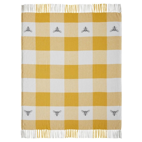 VHC Brands Buzzy Bees Vintage Yellow Antique White Storm Grey Checkered Woven 50 in. x 60 in. Cotton Blend Throw Blanket