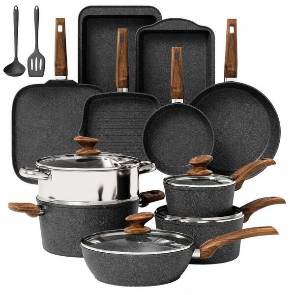 17-Piece Black Granite Non-Stick Cookware & Bakeware Set with Induction Compatibility, 8 to 11.4 in. Pans
