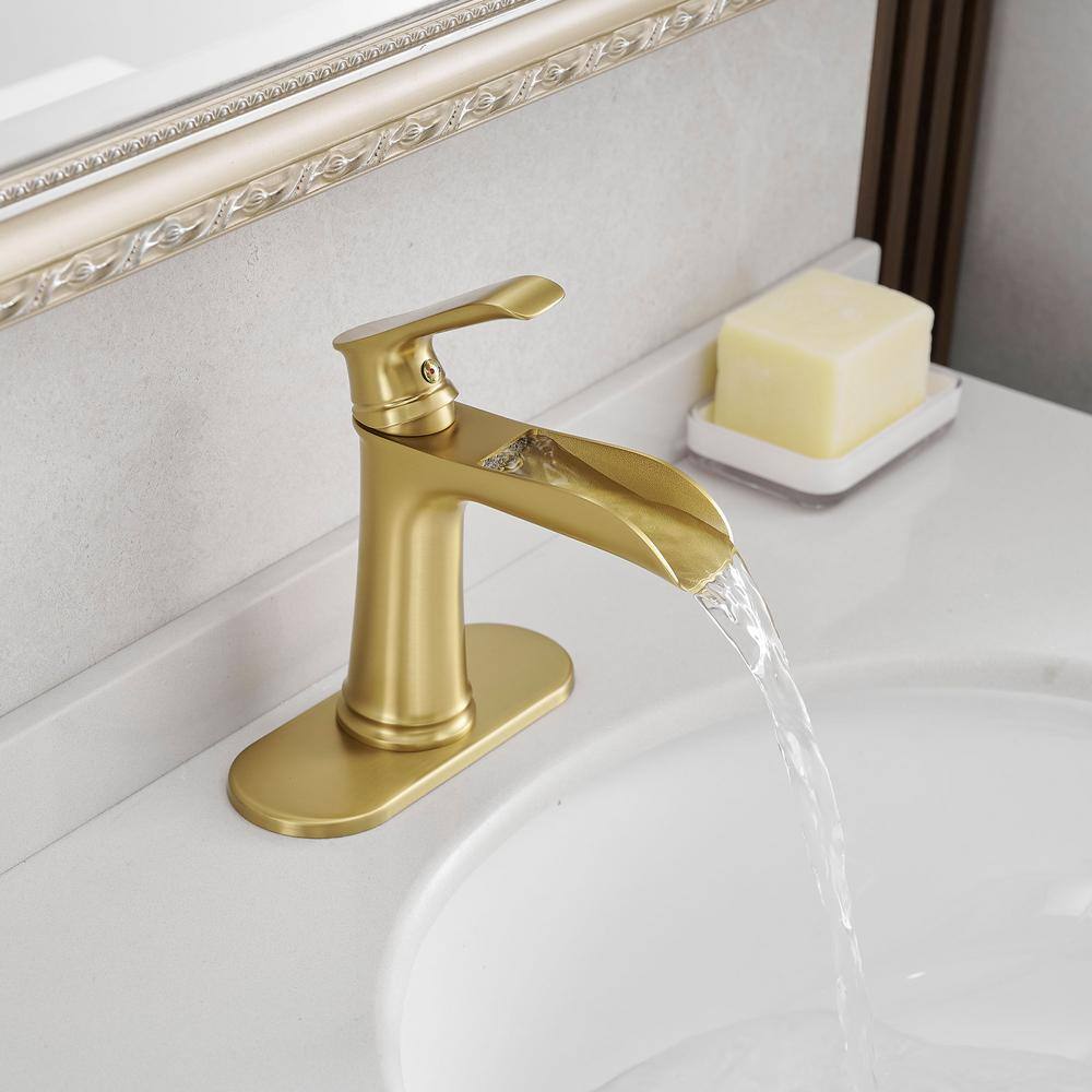 Brushed Gold Brass Single Handle Waterfall Bathroom Faucet