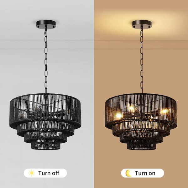 LamQee 19.7 in. 4-Light 4-Tier Black Hand-Woven Rattan