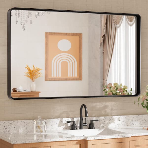 TETOTE 40 in. W x 24 in. H Rectangular Aluminum Framed Wall Mount Bathroom Vanity Mirror in Black