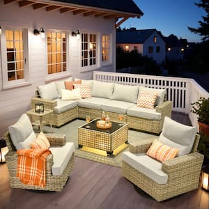 Tiberty Gray 9-Piece Wicker Patio Conversation Seating Set with Gray Cushions and Swivel Chairs