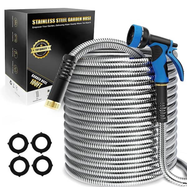3/4 in. x 100 ft. Heavy-Duty Stainless Steel Garden Hose, Flexible Metal Water Hose with No-Kink and Leak-Proof Design