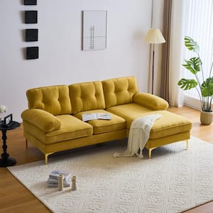 83 in. W Square Arm 3-Piece Velvet Upholstered L-Shaped Sectional Sofa in. Yellow with Golden Metal Legs
