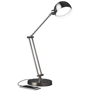 Charlie 18 in. Nickel Integrated LED No Design Interior Lighting Table Lamp for Living Room w/Gray Metal Shade