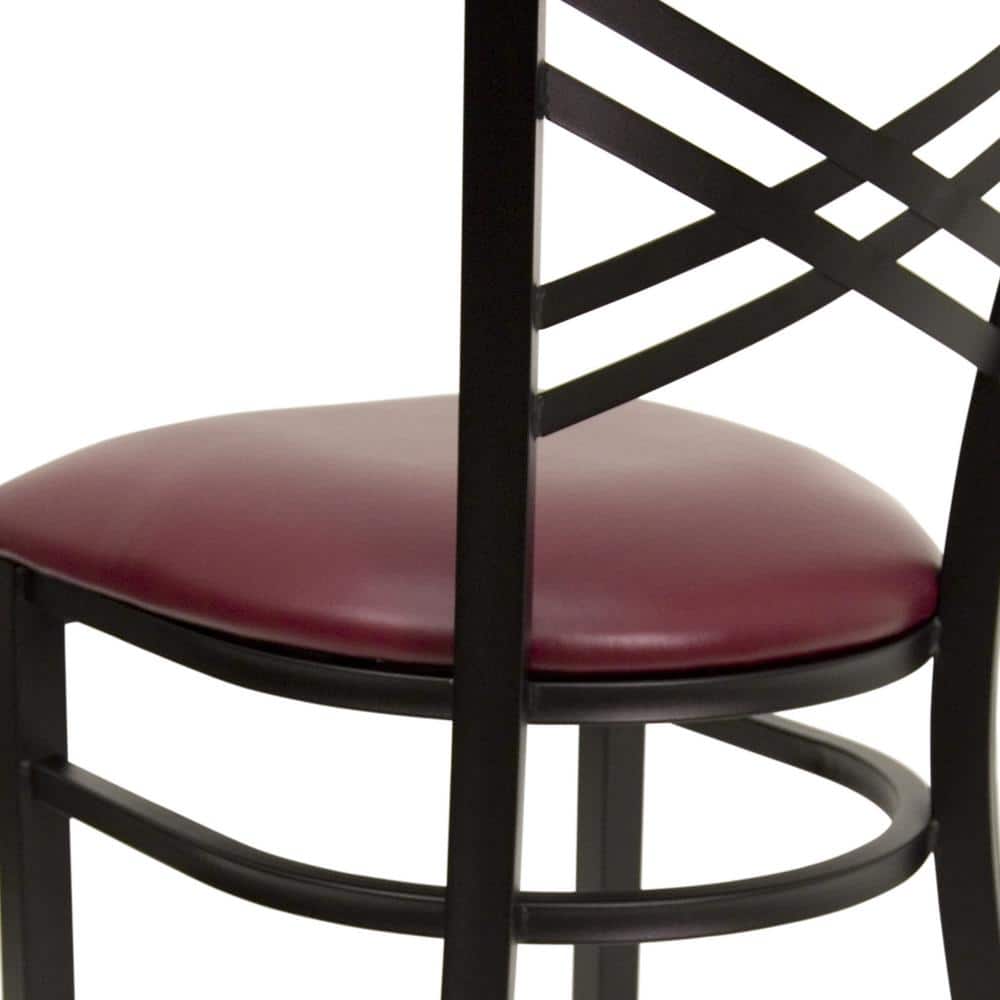 Elegant Burgundy Vinyl and Black Steel Cross Back Side Chair