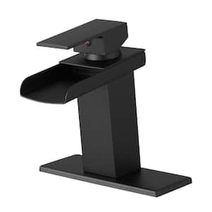 Single Handle Single Hole Bathroom Faucet with Deckplate Included, Waterfall Bathroom Sink Faucet in Matte Black