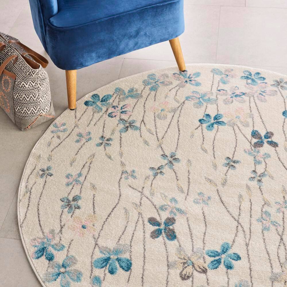 Ivory Floral Bliss Round Braided Area Rug, 63" Diameter