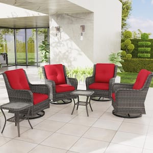 6-Piece Wicker Patio Conversation Set with All-Weather Swivel Rocking Chairs Red Cushions