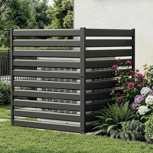 38 in. W x 42 in. H Air Conditioner Fence, 2-Panel No-Dig Metal Privacy Screen, Outdoor Trash Can Enclosures, Black