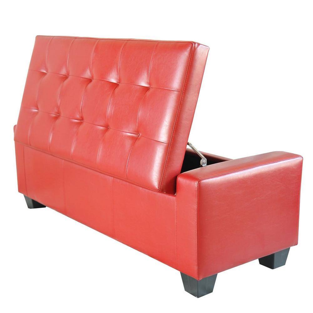 Bright Red Tufted Faux Leather Storage Footstool Bench